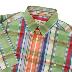 ORVIS‎ Sporting Colorful Pastels Plaid Short Sleeve Button Up Shirt Mens Medium
